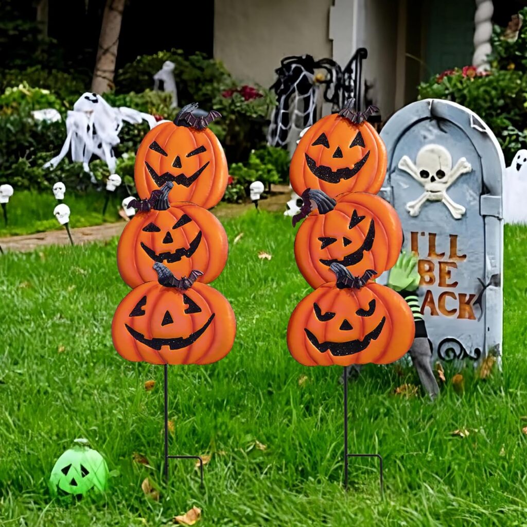 Hourleey Halloween Yard Stake, 37.5 in Metal Stack-able with Witch Hat, Halloween Pumpkin Yard Sign Stakes for Outdoor Front Yard Lawn Garden Decorations, 2 Pack