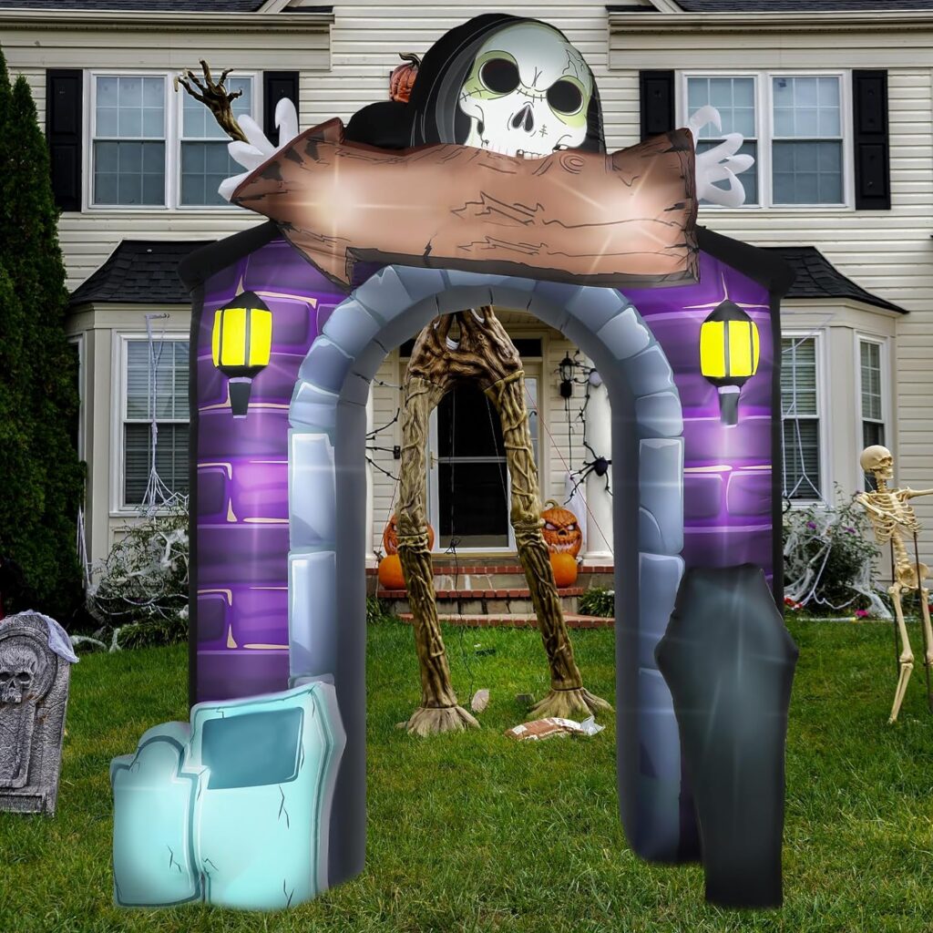Jenaai Halloween 8 ft Tall Halloween Inflatables Archway Decoration Outdoor Inflatable Cemetery Haunted House Arch with Built in LED Blow up Halloween Decorations for Garden Yard Lawn