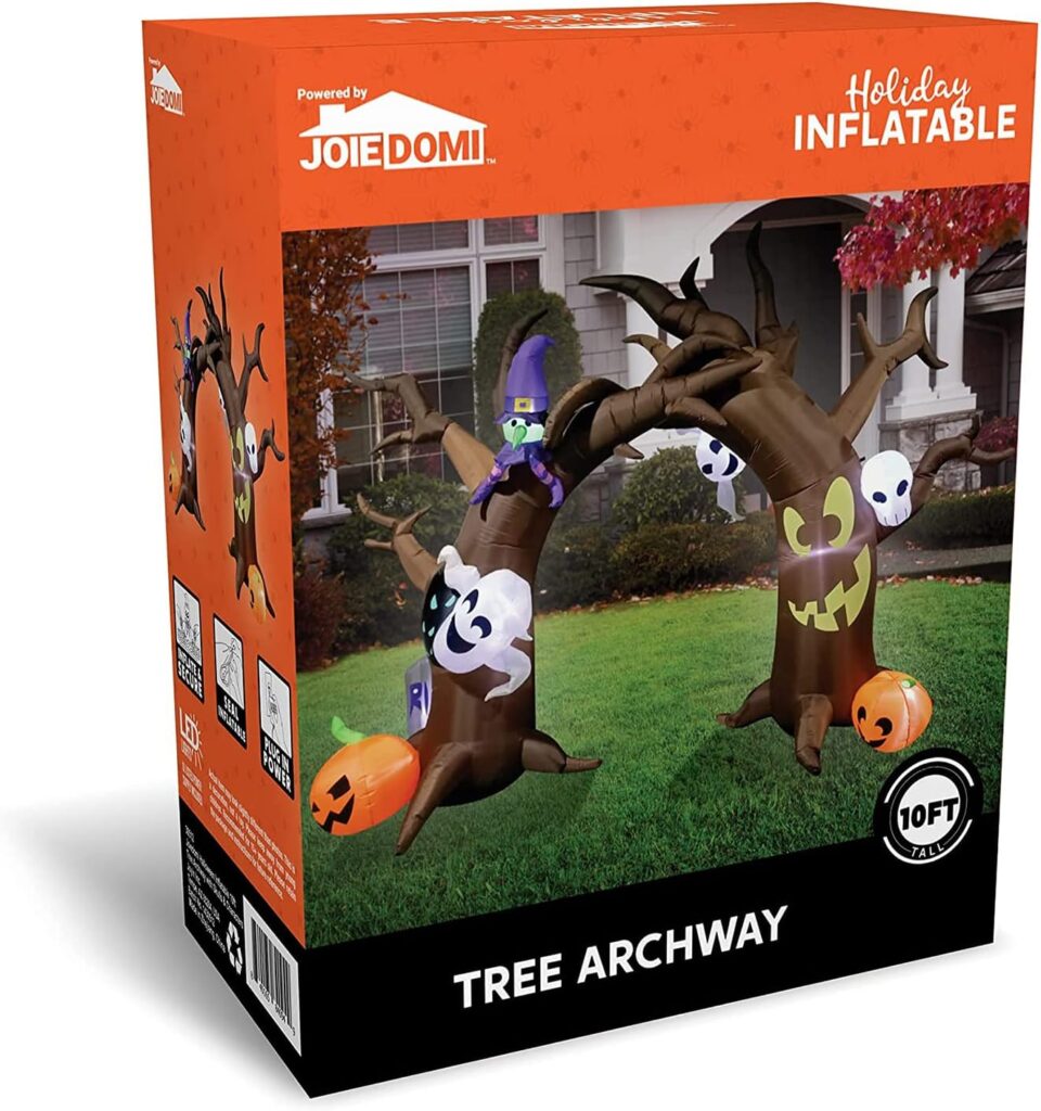 Joiedomi Halloween Inflatable 10 FT Tall Tree Archway with Skulls and Characters, Inflatable Pumpkin and Ghost with Build-in LEDs Blow Up Inflatables for Halloween Party Outdoor Yard Lawn Garden Decor