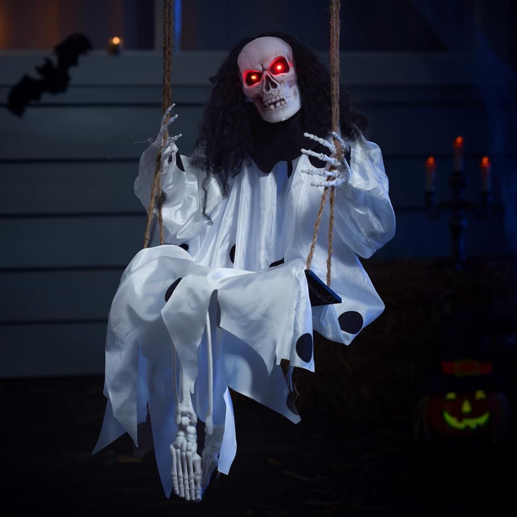 JOYIN 36” Halloween Hanging Ghost, Button Battery Operated Light-up Swing Skeleton Ghost Outdoor Decoration for Halloween Haunted House Prop, Yard Patio Lawn Garden Party Supplies
