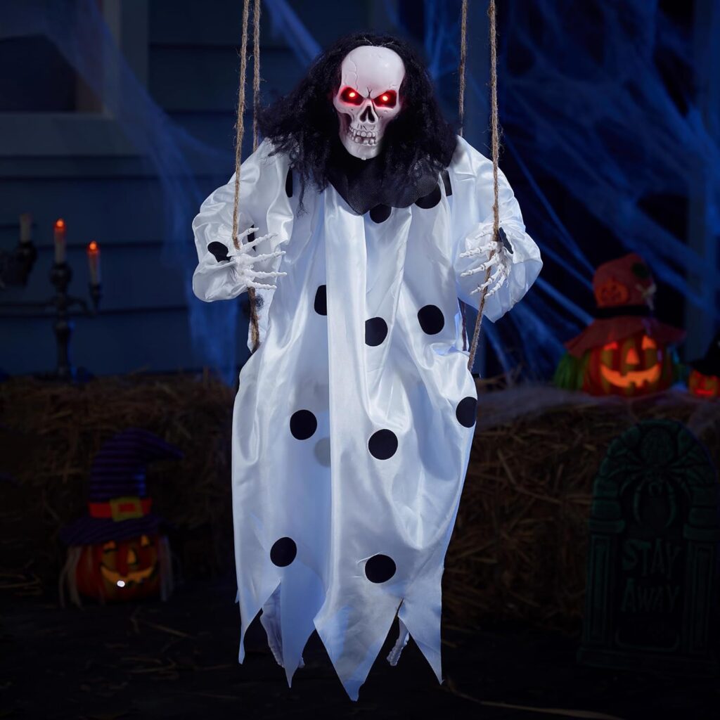 JOYIN 36” Halloween Hanging Ghost, Button Battery Operated Light-up Swing Skeleton Ghost Outdoor Decoration for Halloween Haunted House Prop, Yard Patio Lawn Garden Party Supplies