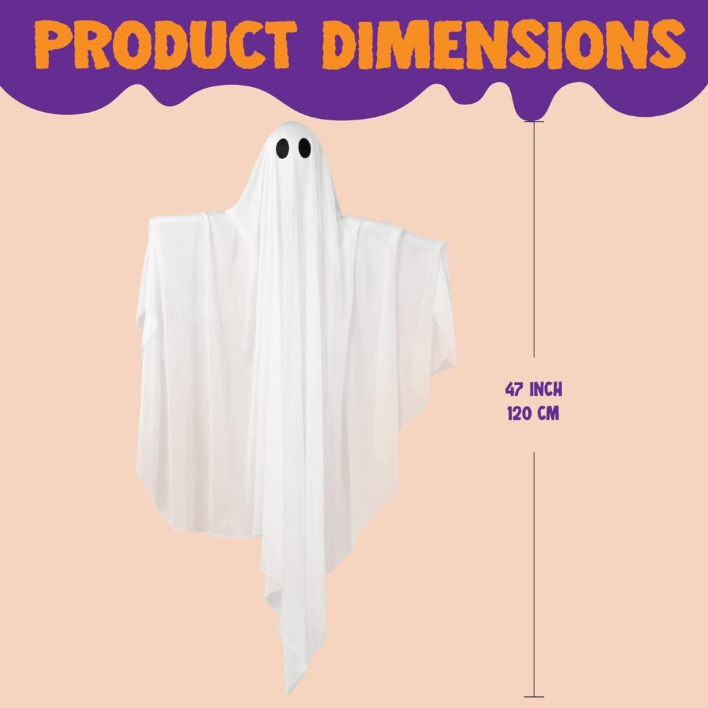 JOYIN 47 Halloween Hanging Light Up Ghost with Spooky Purple LED Light, Flying White Ghost for Halloween Yard, Patio, Lawn, Garden, Halloween Indoor Outdoor Decoration, Party Supplies
