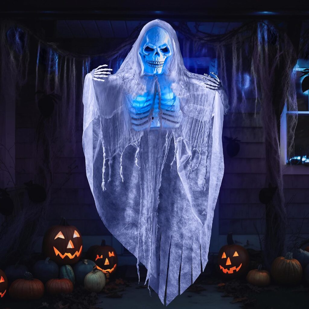 JOYIN 60 Halloween Animated Hanging Grim Reaper, Sound Activated Light-up Talking Hanging Skeleton for Halloween Indoor Outdoor Decoration, Haunted House Prop, Lawn Decorations