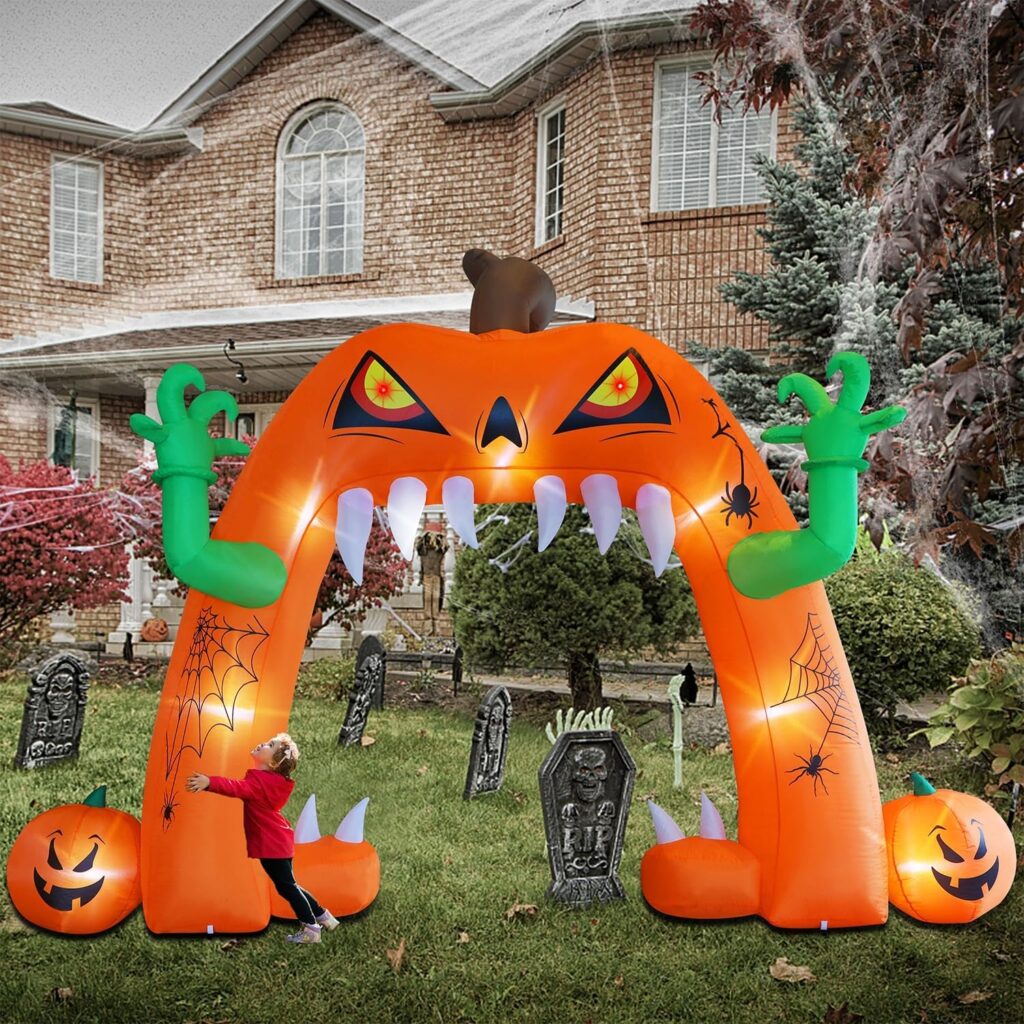 Juegoal Halloween Decorations 13 FT(L) x 10 FT(H) Inflatable Lighted Pumpkin Archway, Giant Jack-O-Lantern Lawn Arch with Build-in LED, Animated Halloween Yard Prop, Outdoor Holiday Blow up Decor