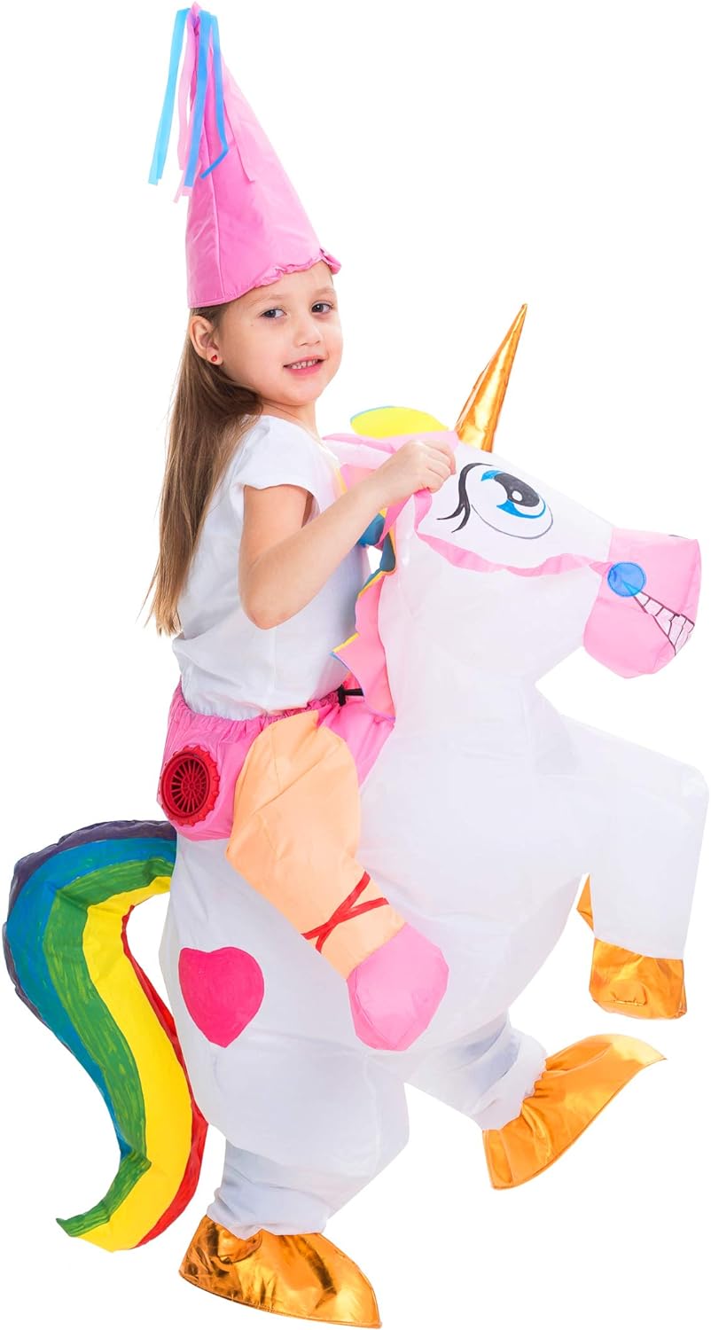 Kids Halloween Inflatable Costumes, Riding a Unicorn, Ride-on Air Blow-up Deluxe Set with Hat