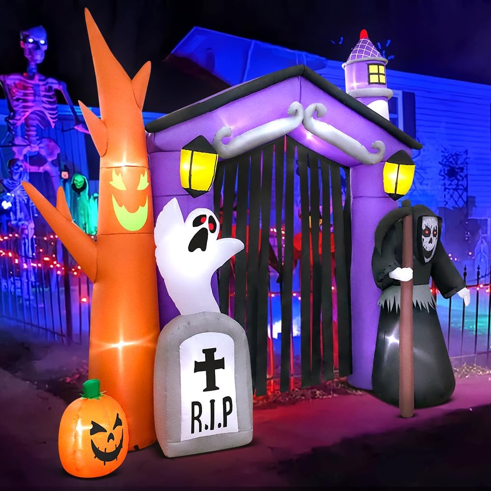 KOOY 9FT Halloween Inflatable Decoration Haunted House/Archway/Castle and Ghost Pumpkin with Led Light,Huge Holiday Blow Up Yard Decorations for Outdoor,Party,Garden,Lawn DéCor