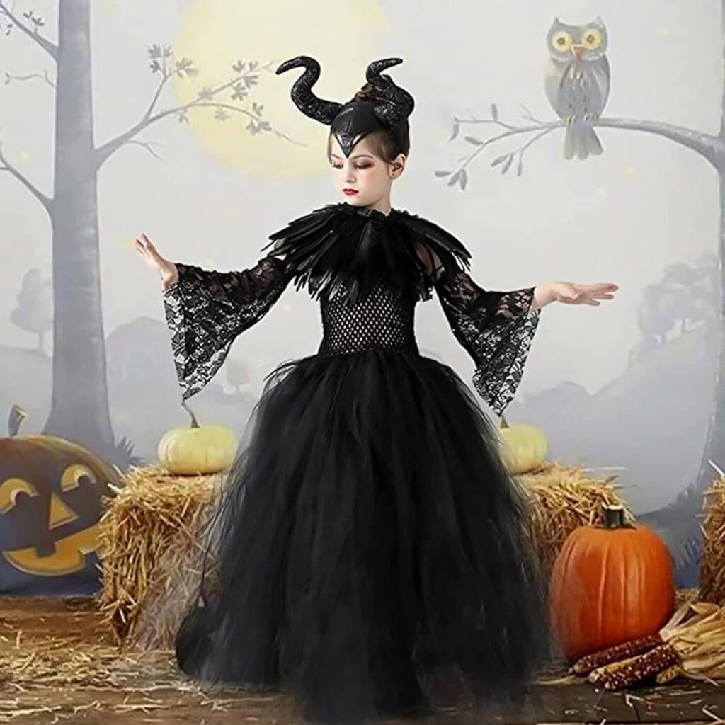 MAXHJX Halloween Maleficent Costume for Girls: Evil Queen Dress Up Costumes Witch Devil Handmade Knitted Tulle Dress Cosplay