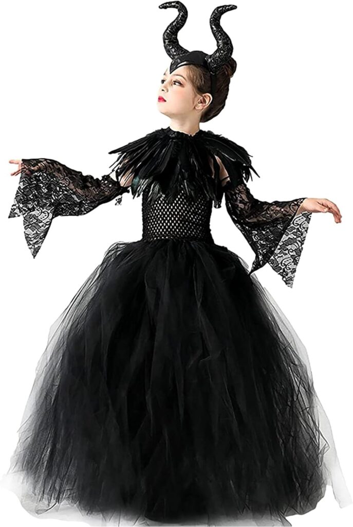 MAXHJX Halloween Maleficent Costume for Girls: Evil Queen Dress Up Costumes Witch Devil Handmade Knitted Tulle Dress Cosplay