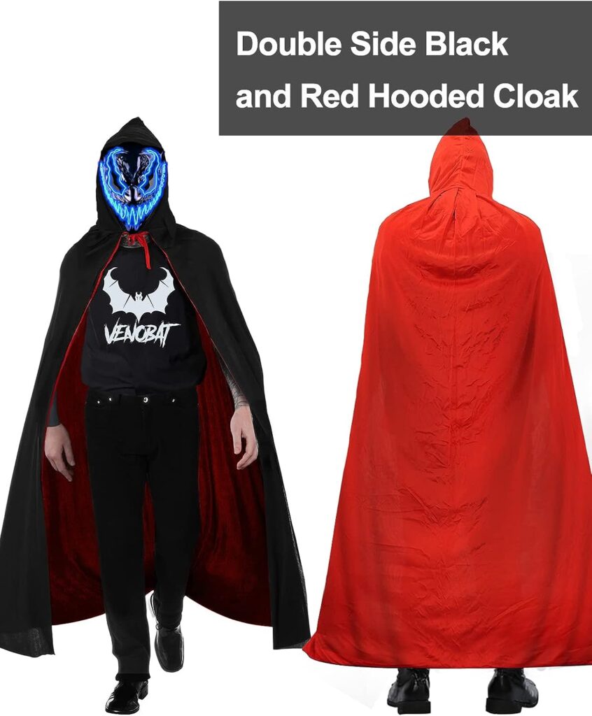 Quanquer Venobat Halloween LED Light Up Mask with Reversible Black and Red Hooded Cloak