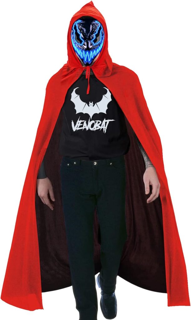 Quanquer Venobat Halloween LED Light Up Mask with Reversible Black and Red Hooded Cloak
