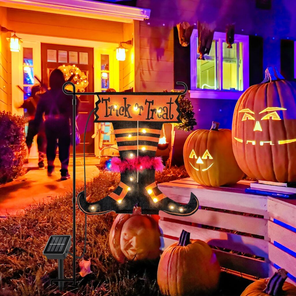 Qunlight Halloween Trick Or Treat Graden Flag Lights, Double Sided Witch Feet Flag Banner 17.1 * 17.2Inch,16 Warm White LED with 8modes Solar Panel,Halloween Decorations for Outdoor,Yard,Home Decor