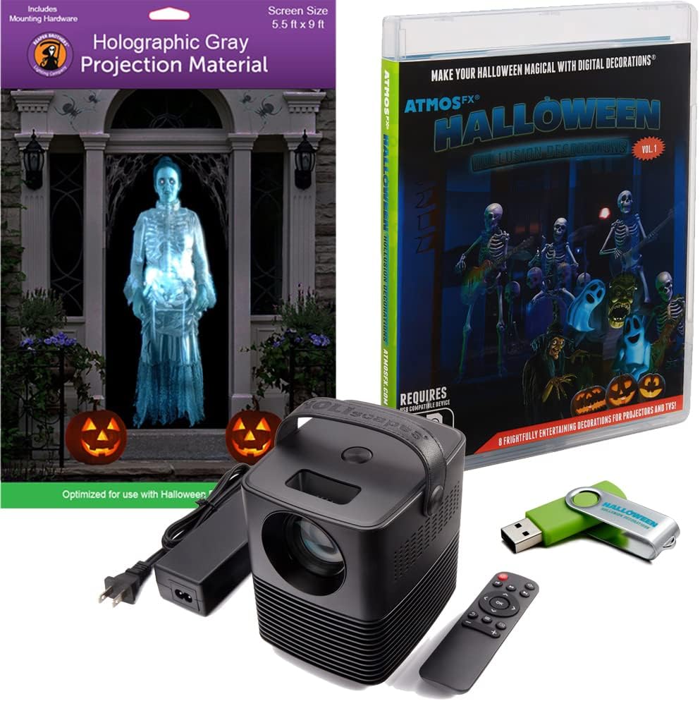 Reaper Brothers Halloween Hollusion Digital Decoration Kit Includes 8 AtmosFX Video Effects for Halloween Plus HD Super Bright Projector and 5.5 x 9 Holographic Projection Screen