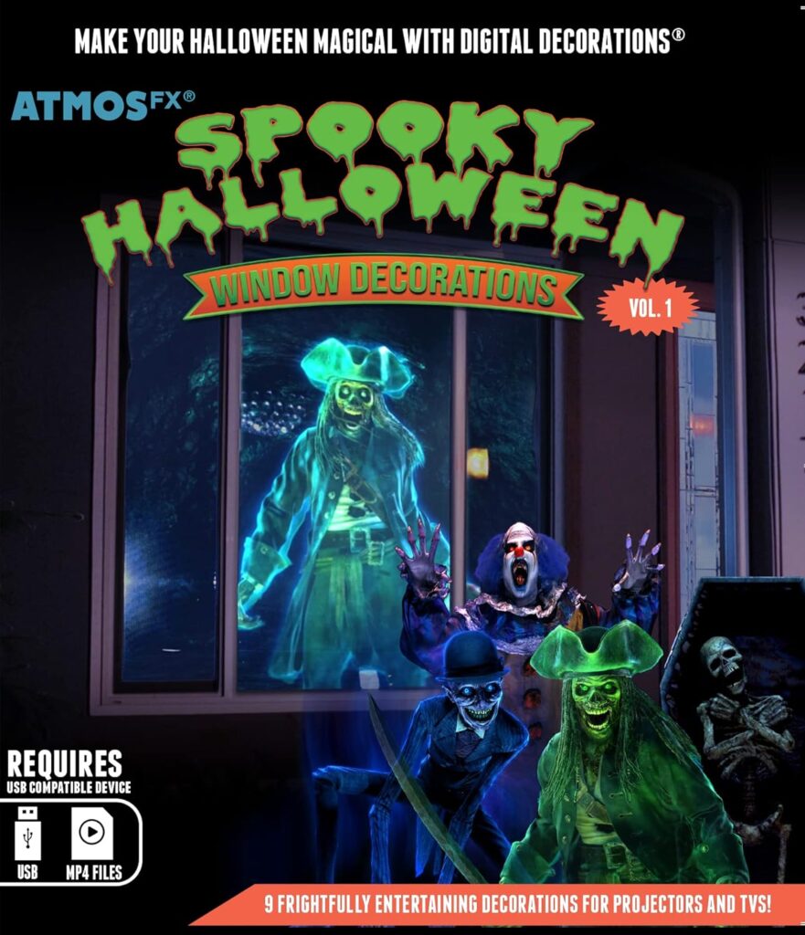 Reaper Brothers Spooky Halloween Digital Decoration Kit Includes 9 AtmosFX Video Effects for Halloween Plus 48” x 72” Holographic Projection Screen