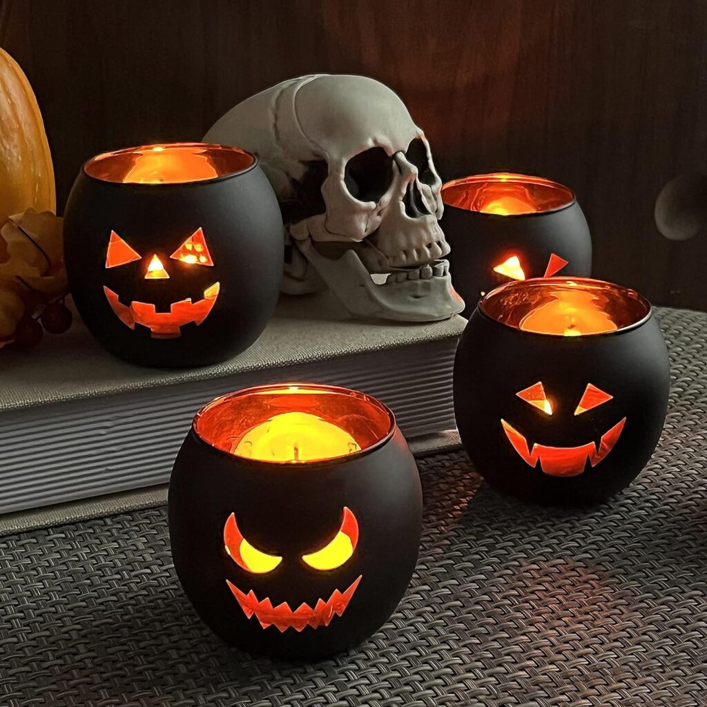 SHMILMH Halloween Candle Holder Set of 6, Black and Gold Glass Votives Holder with 6 Grimace, Tealight Holders Bulk for Table Centerpiece Home Decoration