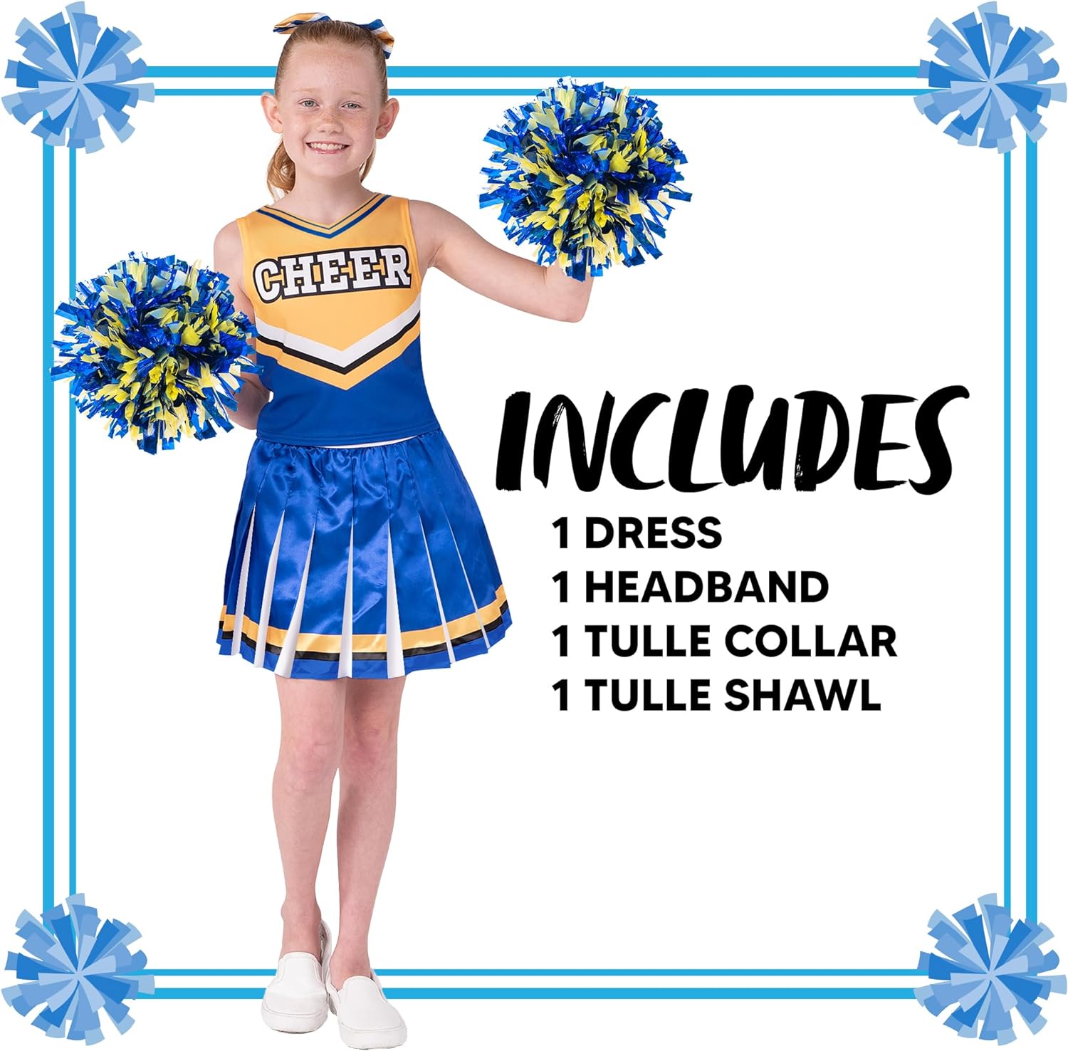 Spooktacular Creations Girl Blue Cheerleader Costume, Halloween Cute Cheer Uniform Outfit with Accessories for Halloween High School Cheerleader Dress Up Costume-XL