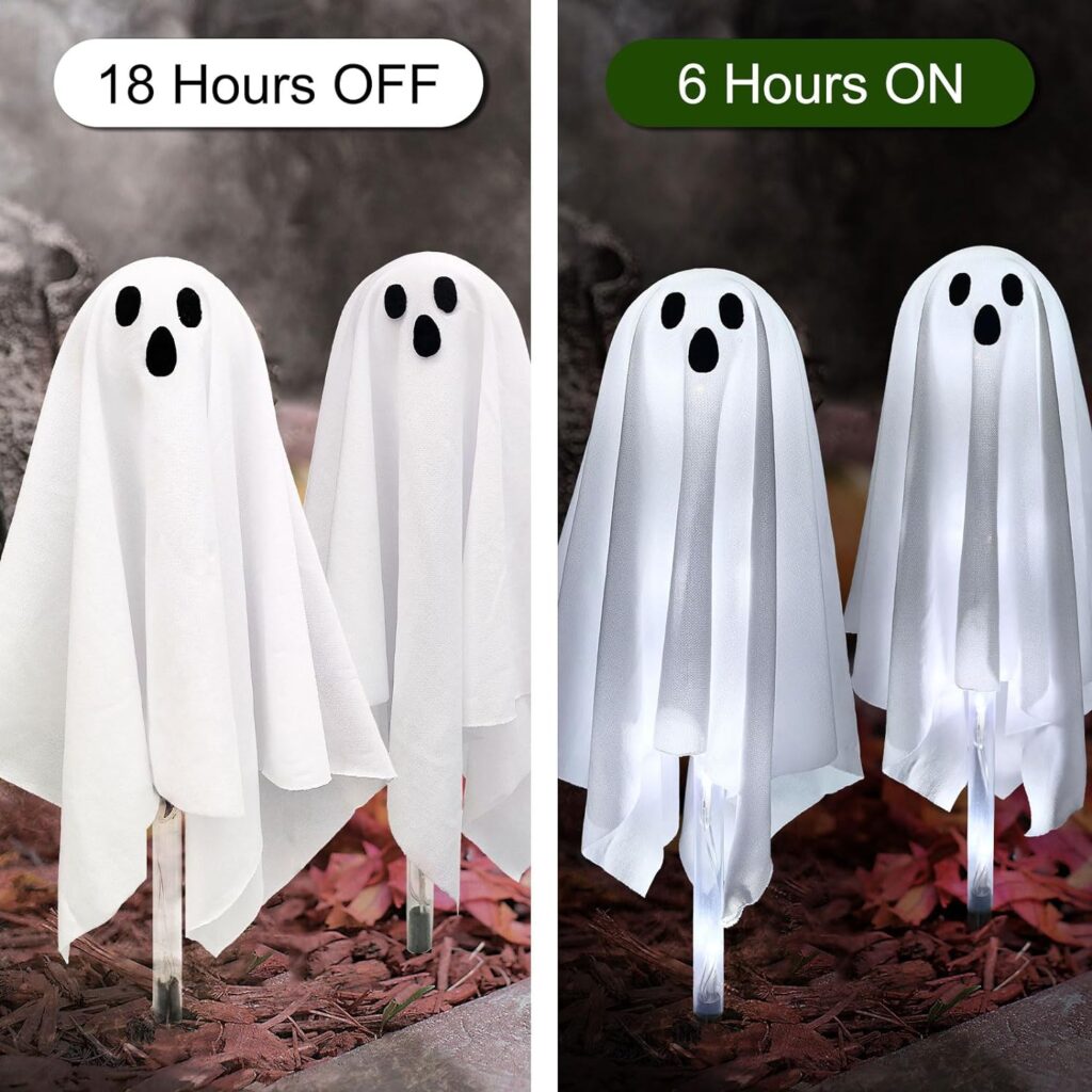 Sunnypark Set of 3 Ghost Halloween Pathway Decor Lights, 20” High Ghost Stake Lights with 15 Cool White LEDs for Trick or Treat Party Outdoor Waterproof Halloween Decor