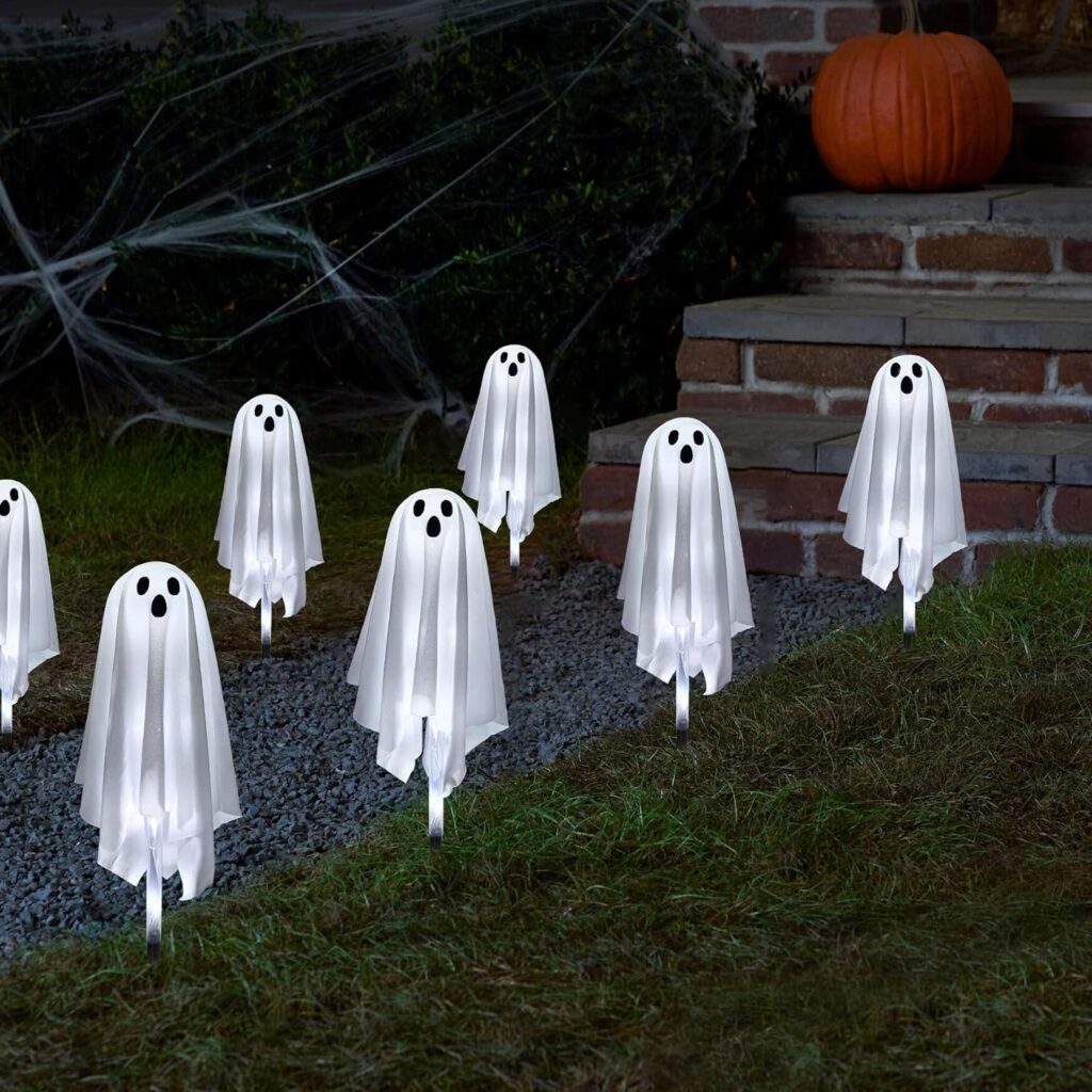 Sunnypark Set of 3 Ghost Halloween Pathway Decor Lights, 20” High Ghost Stake Lights with 15 Cool White LEDs for Trick or Treat Party Outdoor Waterproof Halloween Decor