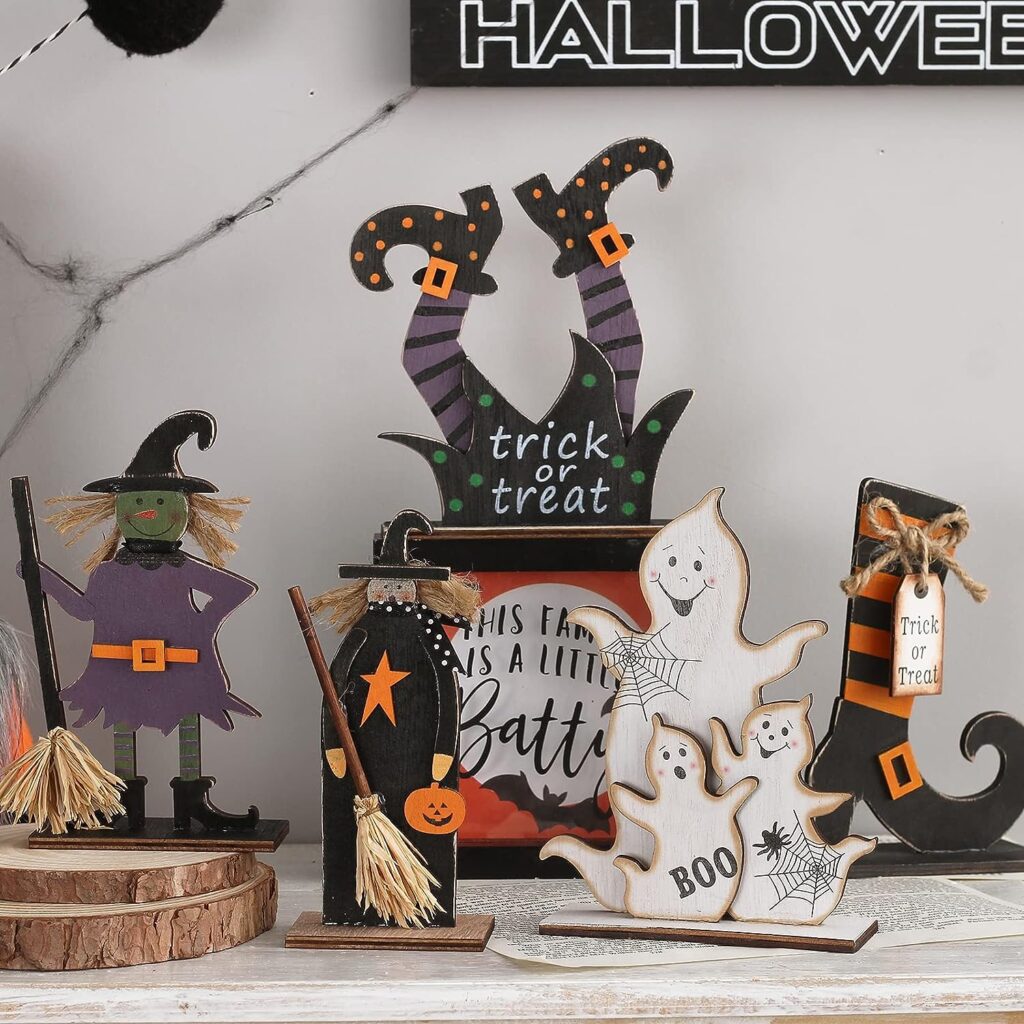 SY Super Bang 5pcs Halloween Wooden Decorations, Halloween Tabletop Centerpiece Craft Decor Including Witch/Ghost/Shoes Decor for Home, Indoor, Holiday, Party Supplies, Kids Gift.