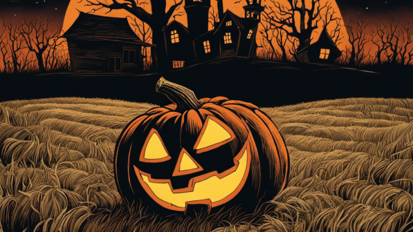 An eerie image of a mischievous, grinning Jack-o'-lantern emerging from a desolate, moonlit field