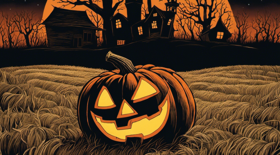 An eerie image of a mischievous, grinning Jack-o'-lantern emerging from a desolate, moonlit field