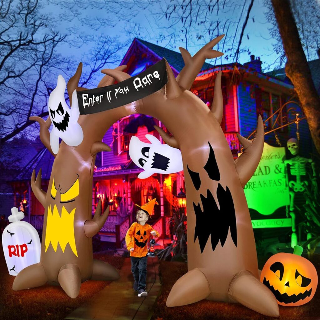 TURNMEON 15 FT Long  10 FT Tall Giant Halloween Inflatables Outdoor Dead Tree Arch Decorations Pumpkin Tombstone Haunted Ghosts Holds Enter If You Dare Banner LED Lights Blow Up Yard Halloween Decor