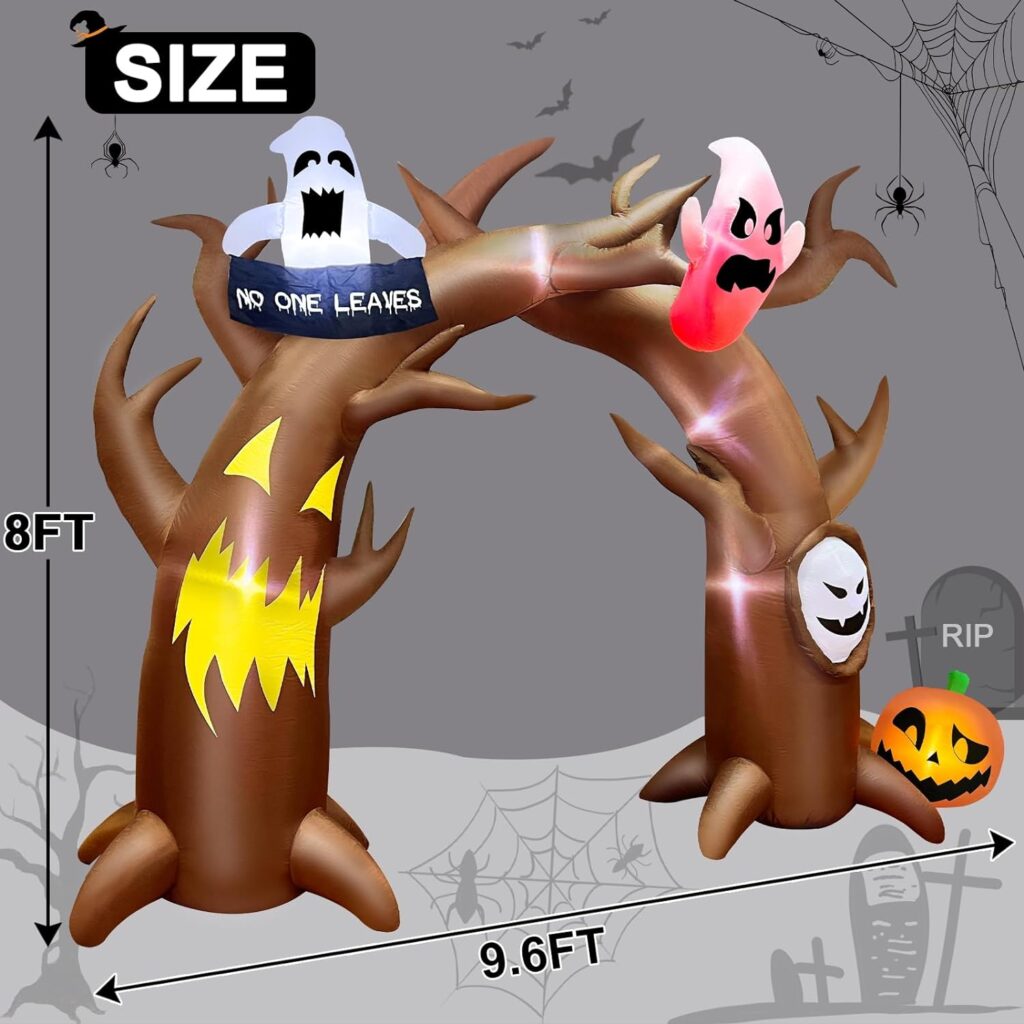 TURNMEON 9.6FT Long  8FT Tall Giant Halloween Inflatable Dead Tree Arch Outdoor Decorations with Pumpkin Haunted Ghost Holds No One Leaves Banner LED Lights Blow Up Yard Halloween Decor Garden Lawn