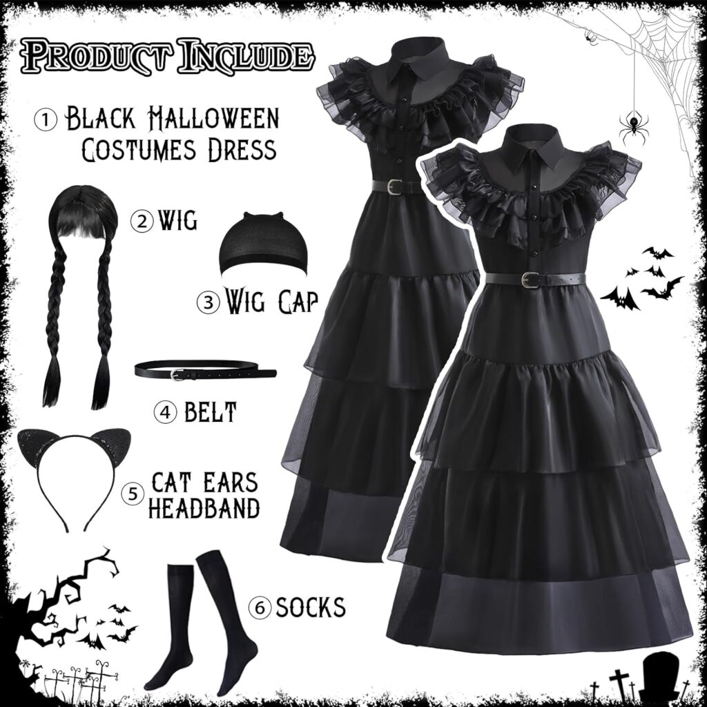 VORLITS Black Halloween Costumes Dress Girls Cosplay Christmas Party With Wigs Belt Socks Cat Ears Headband Wig Cap