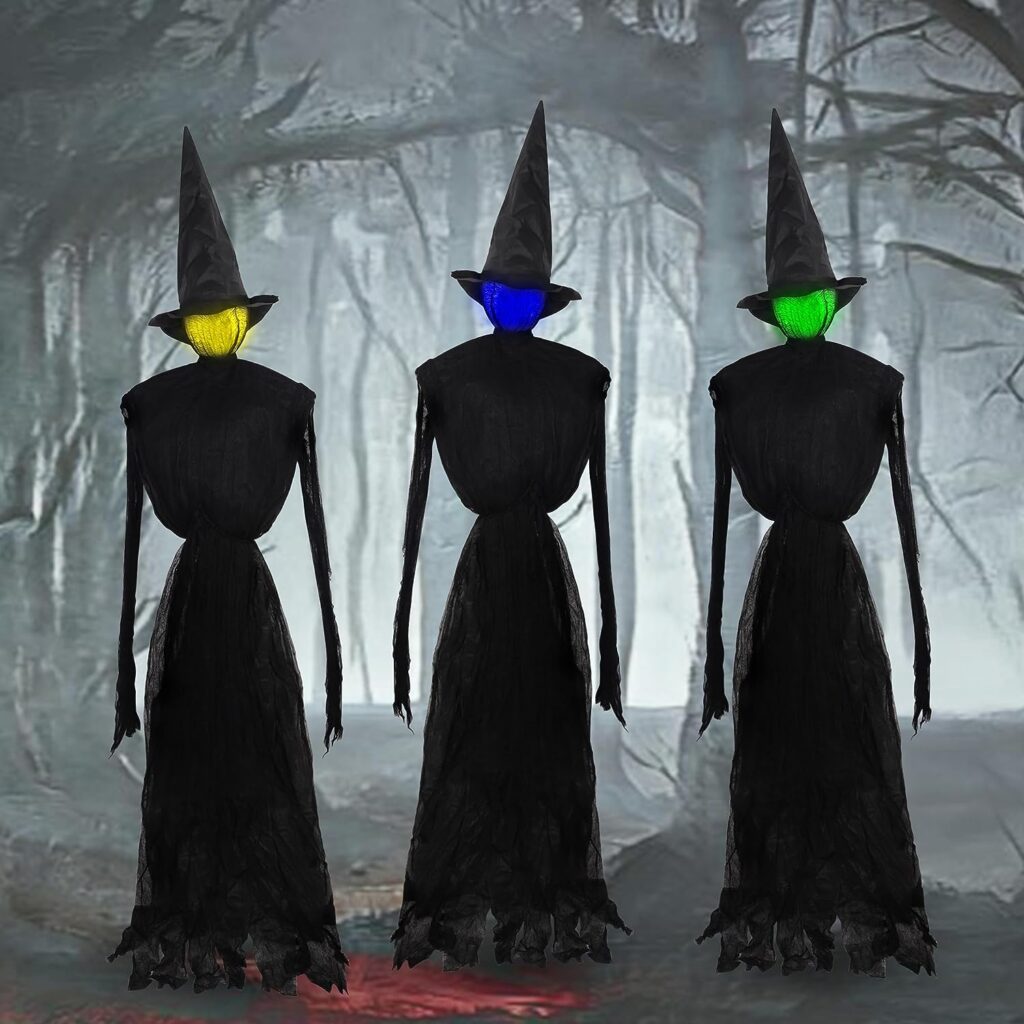 winemana Set of 3 Halloween Outdoor Decorations 6 Ft Witch Stakes with Multiple Colors LED Lights, Scary Glowing Witch Haunted House Props for Outdoor Garden Yard Lawn