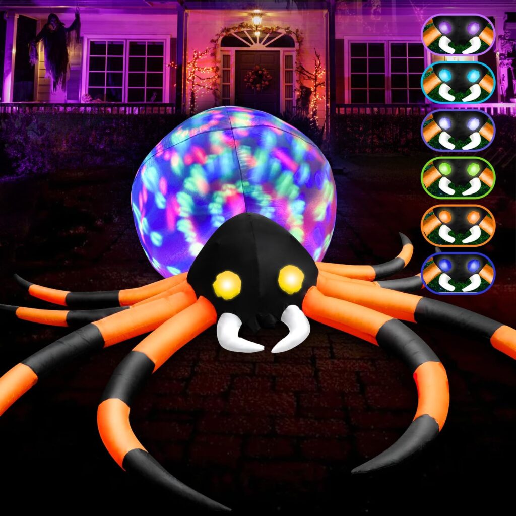 zukakii 12Ft Halloween Inflatables Spider with 7-Colors Changing LED Lights, Halloween Decorations Outdoor Spider with Rotating Lights  Glowing Eyes, Large Creepy Spider Props for Yard Garden Decor