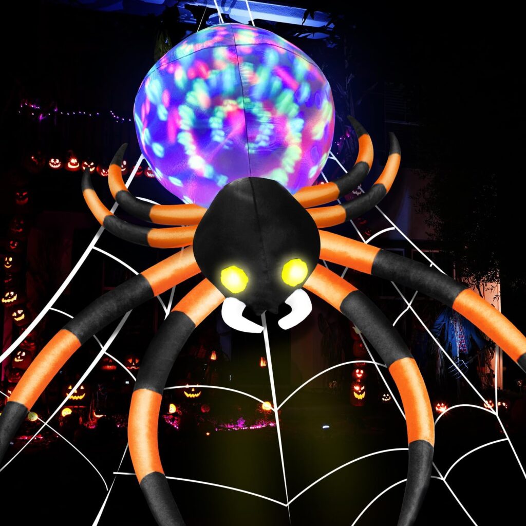 zukakii 12Ft Halloween Inflatables Spider with 7-Colors Changing LED Lights, Halloween Decorations Outdoor Spider with Rotating Lights  Glowing Eyes, Large Creepy Spider Props for Yard Garden Decor